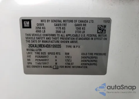 2013 GMC Terrain Sle z USA, uszkodzony, nr VIN 2GKALMEK4D6199035